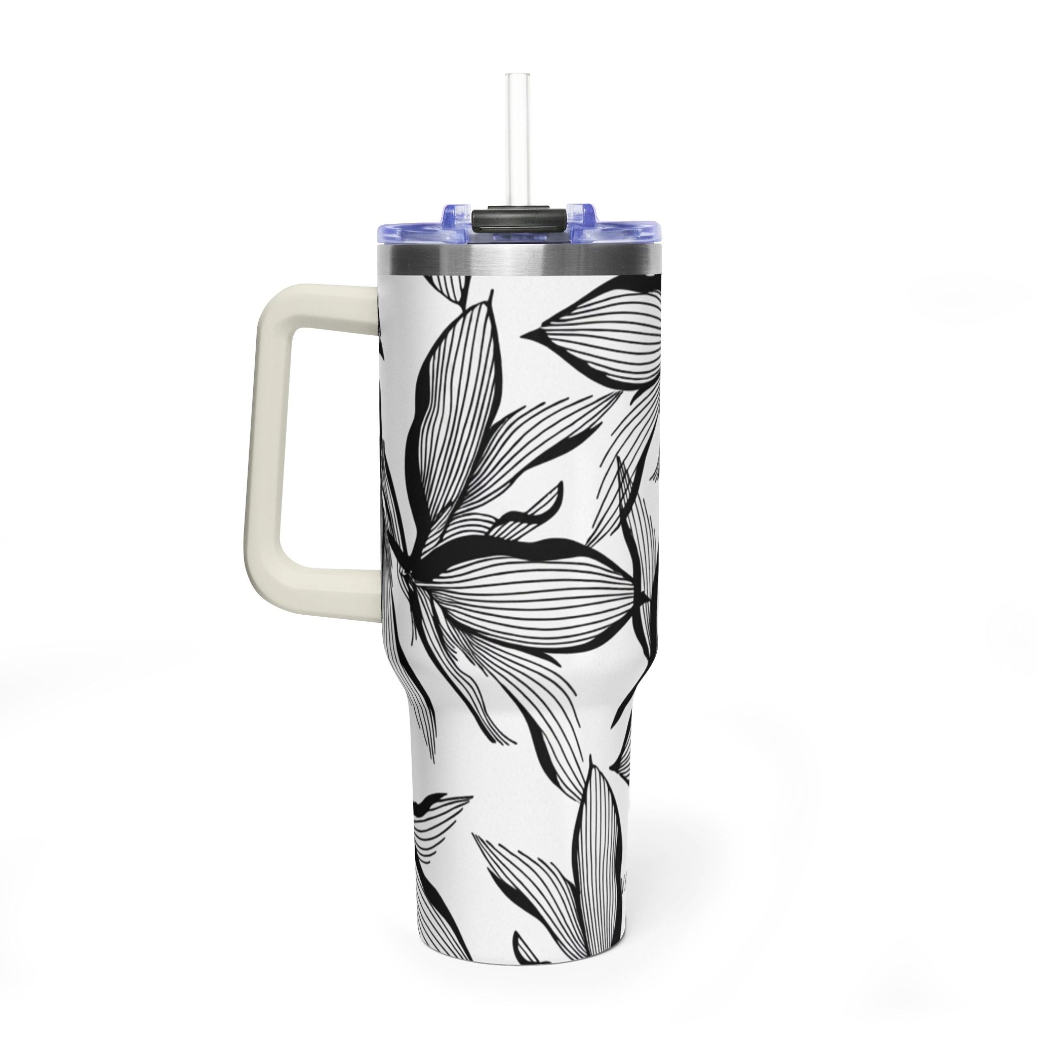 40oz Floral Thermal Tumbler – Black & White Leaf Pattern Vacuum Insulated