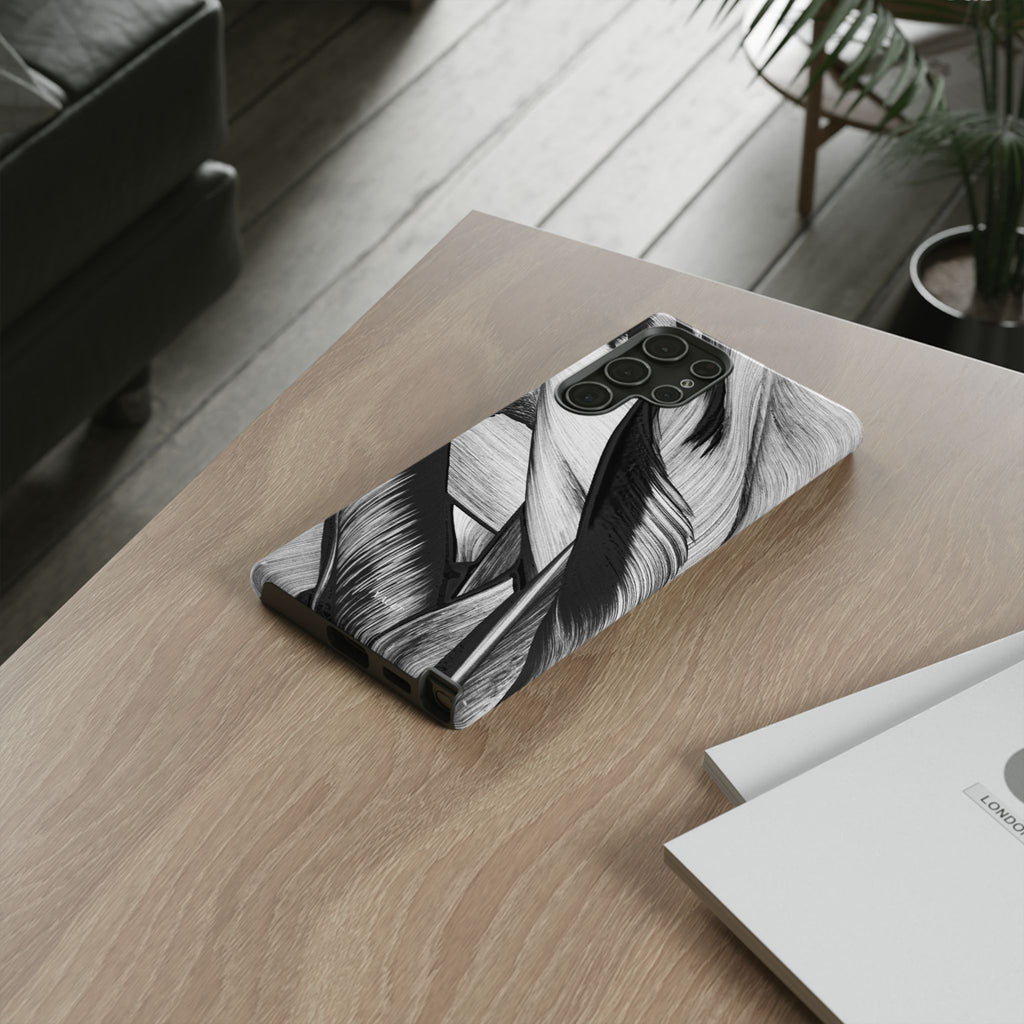 Monochrome Tropical Leaf Tough Phone Case — Black & White Botanical Protective Cover