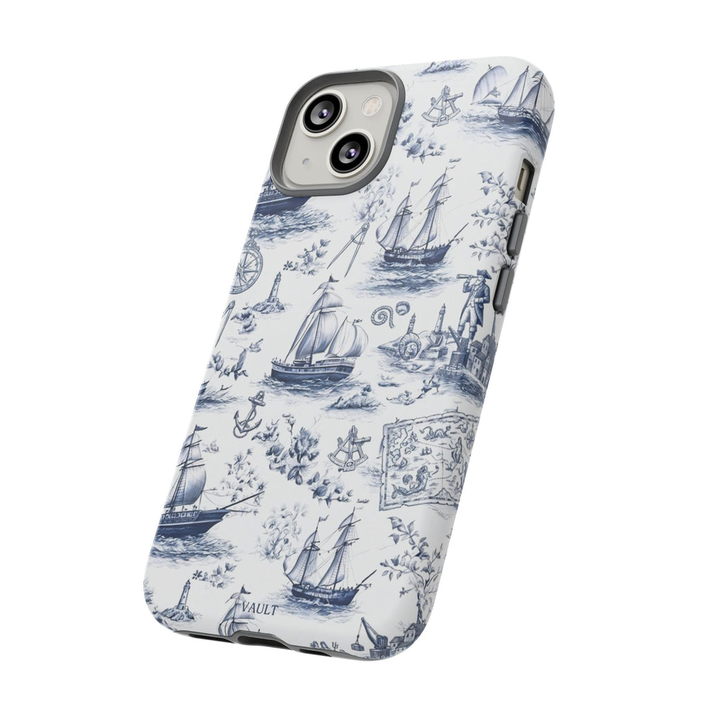 Nautical Vintage Ship Tough Phone Case — Blue Toile Sailboat Pattern