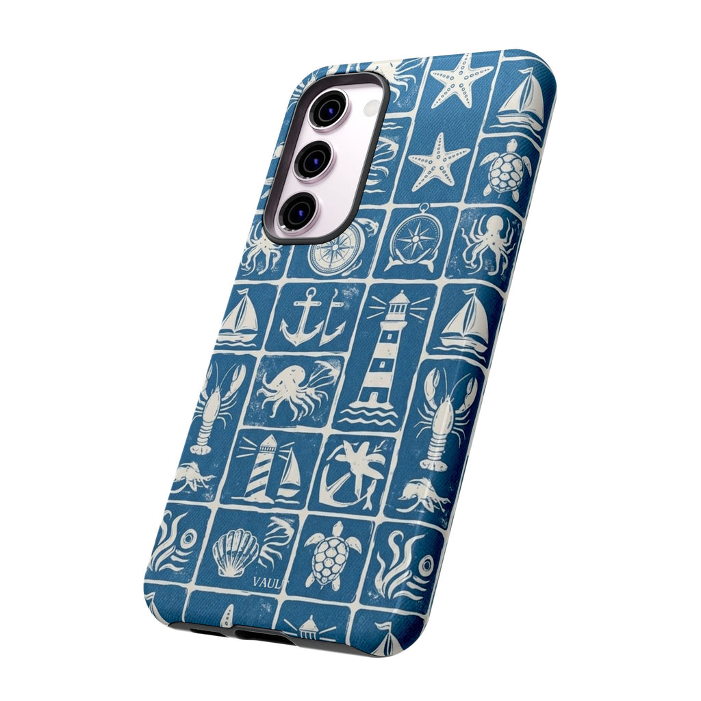 Nautical Tile Phone Case — Blue Coastal Icons (lighthouse, anchor, seashells)