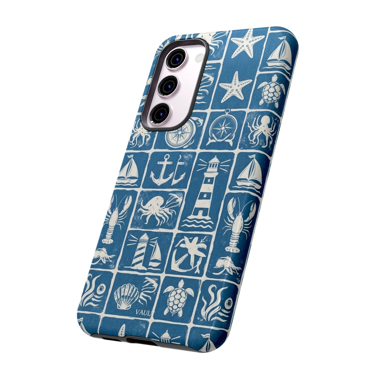 Nautical Tile Phone Case — Blue Coastal Icons (lighthouse, anchor, seashells)