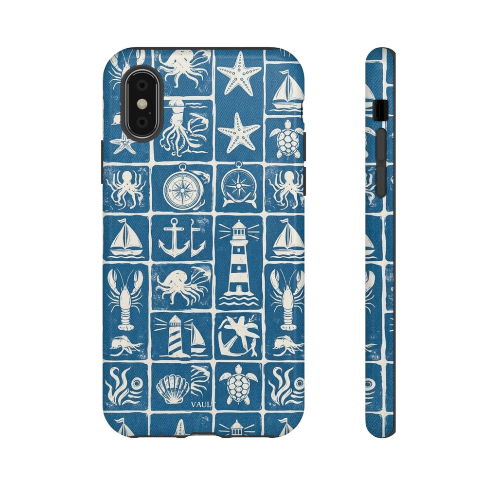 Nautical Tile Phone Case — Blue Coastal Icons (lighthouse, anchor, seashells)