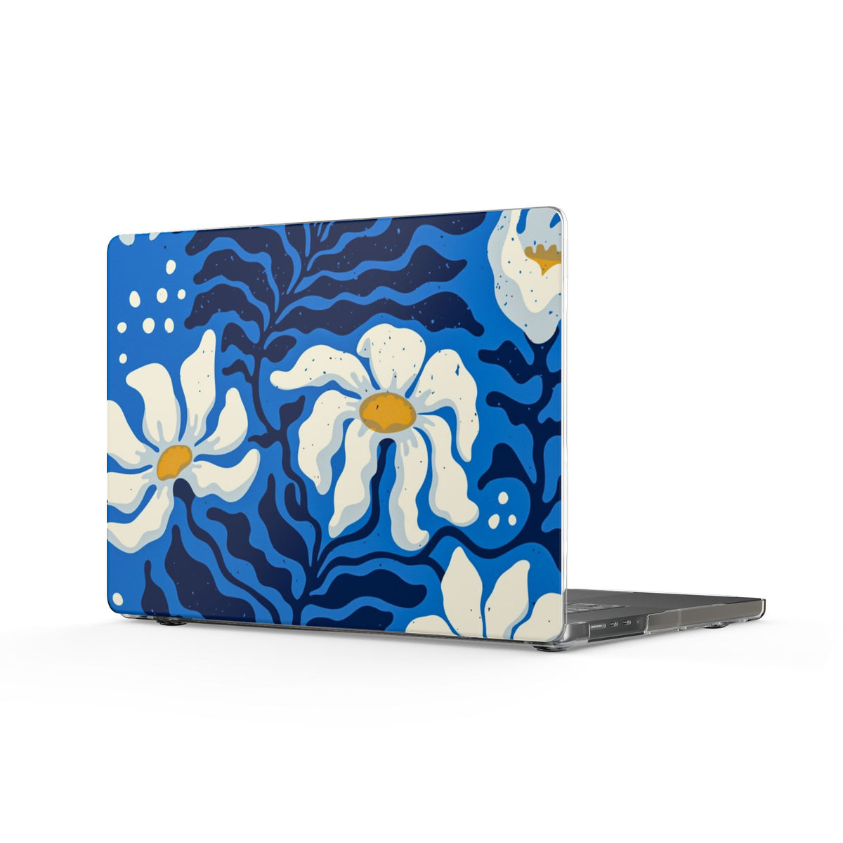 Blue Floral MacBook Case — Bold White Daisies Laptop Cover