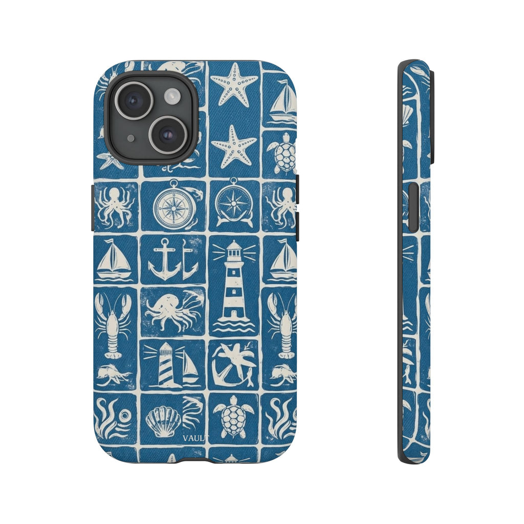 Nautical Tile Phone Case — Blue Coastal Icons (lighthouse, anchor, seashells)