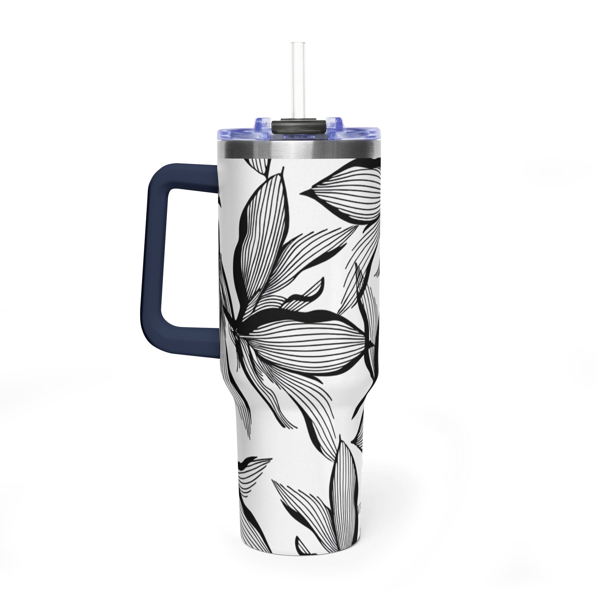 40oz Floral Thermal Tumbler – Black & White Leaf Pattern Vacuum Insulated