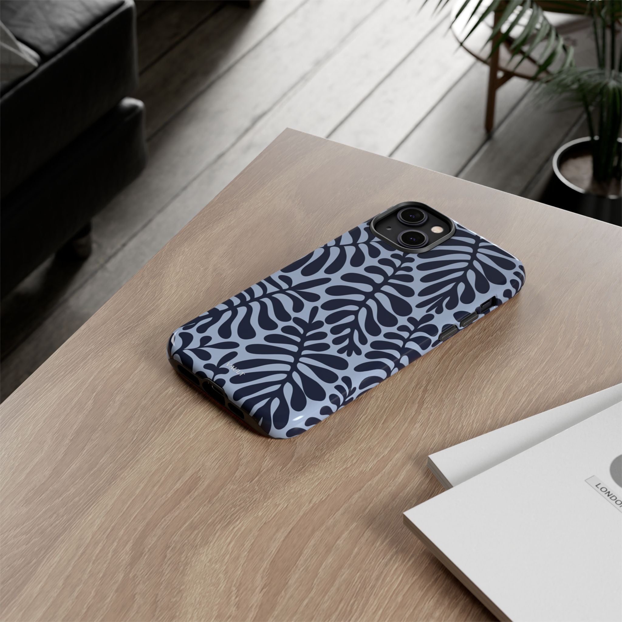 Floral Fern Tough Phone Case – Navy Blue on Light Blue, Protective Slim Cover