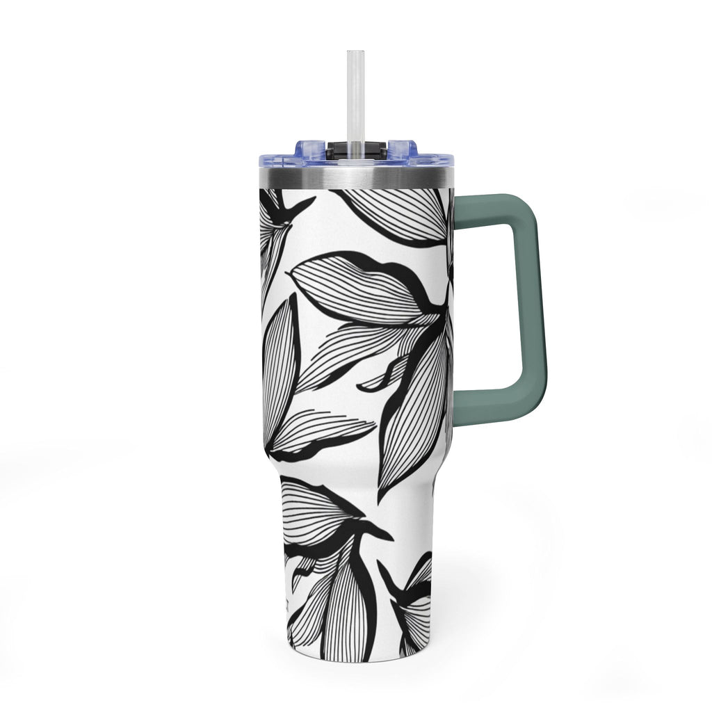 40oz Floral Thermal Tumbler – Black & White Leaf Pattern Vacuum Insulated