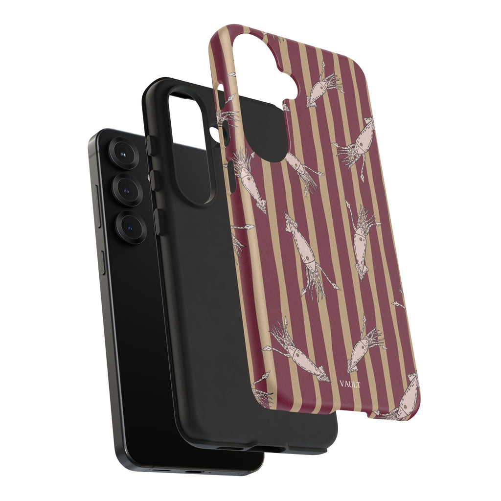 Phone Case - Vintage Shrimp Pattern on Burgundy Stripes