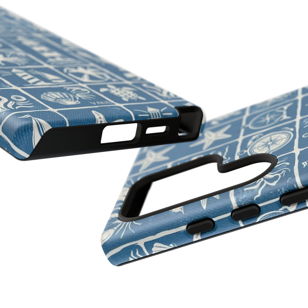 Nautical Tile Phone Case — Blue Coastal Icons (lighthouse, anchor, seashells)