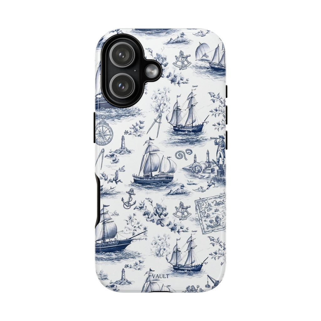 Nautical Vintage Ship Tough Phone Case — Blue Toile Sailboat Pattern