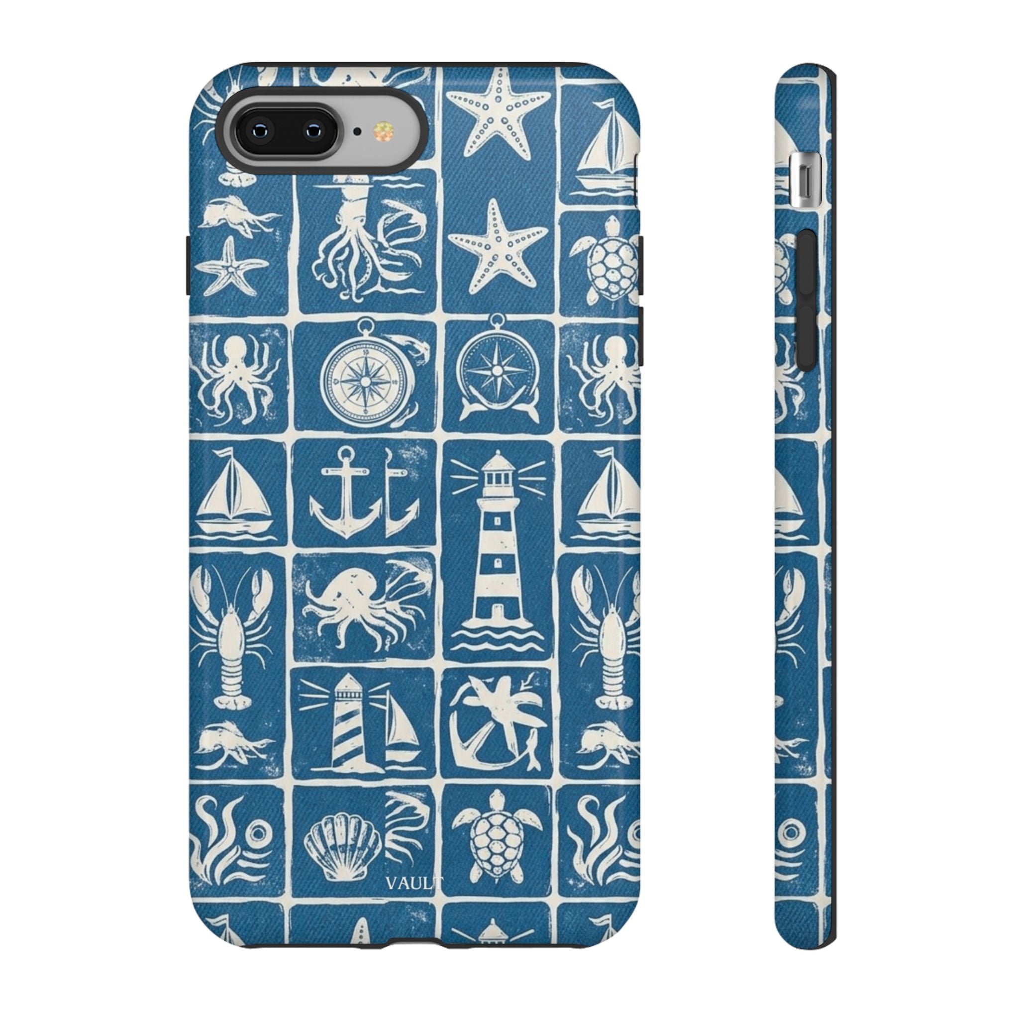 Nautical Tile Phone Case — Blue Coastal Icons (lighthouse, anchor, seashells)