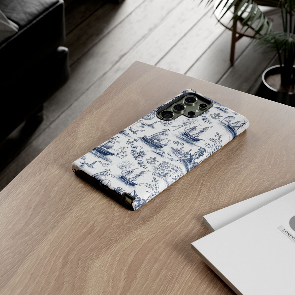 Nautical Vintage Ship Tough Phone Case — Blue Toile Sailboat Pattern