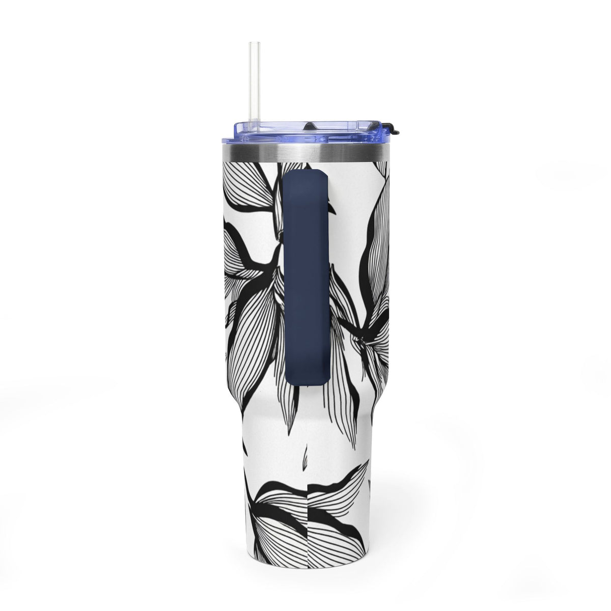 40oz Floral Thermal Tumbler – Black & White Leaf Pattern Vacuum Insulated