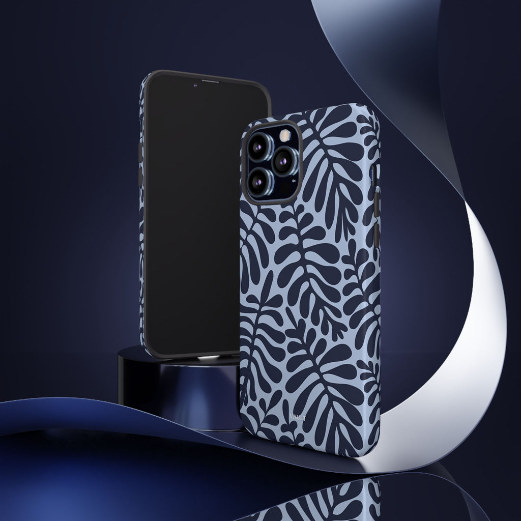 Floral Fern Tough Phone Case – Navy Blue on Light Blue, Protective Slim Cover