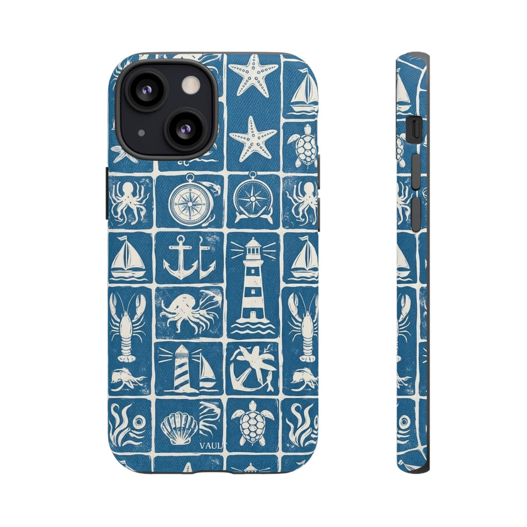 Nautical Tile Phone Case — Blue Coastal Icons (lighthouse, anchor, seashells)