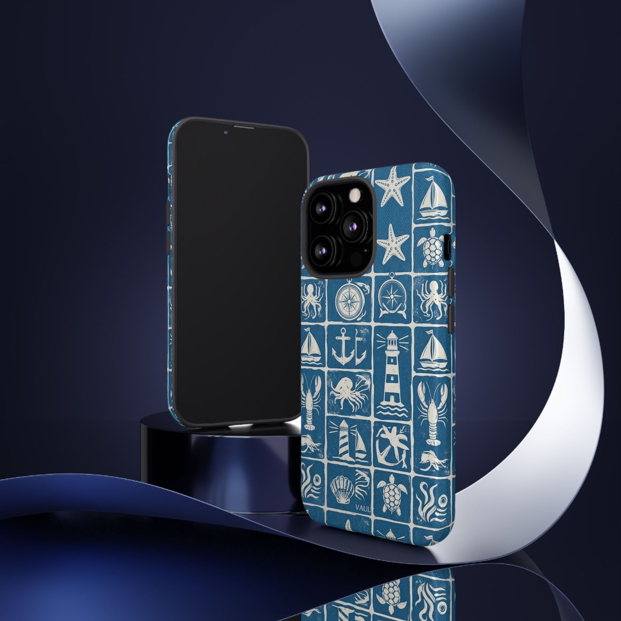 Nautical Tile Phone Case — Blue Coastal Icons (lighthouse, anchor, seashells)