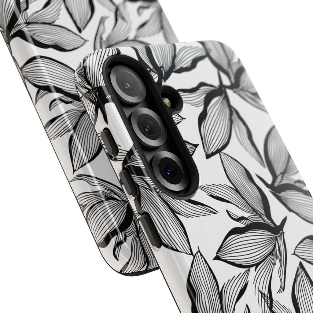 Floral Leaves Tough Phone Case – Black & White Botanical Protection