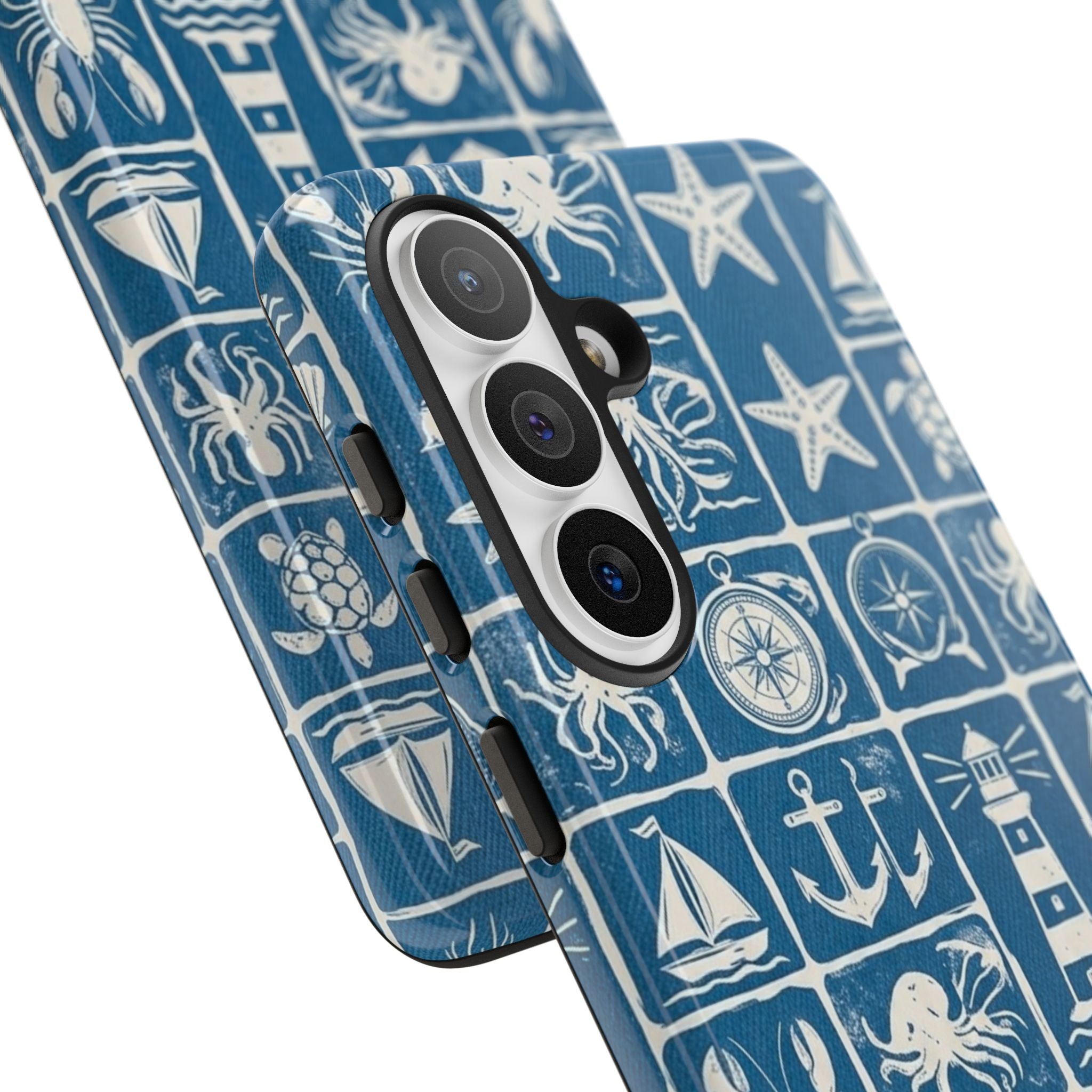 Nautical Tile Phone Case — Blue Coastal Icons (lighthouse, anchor, seashells)