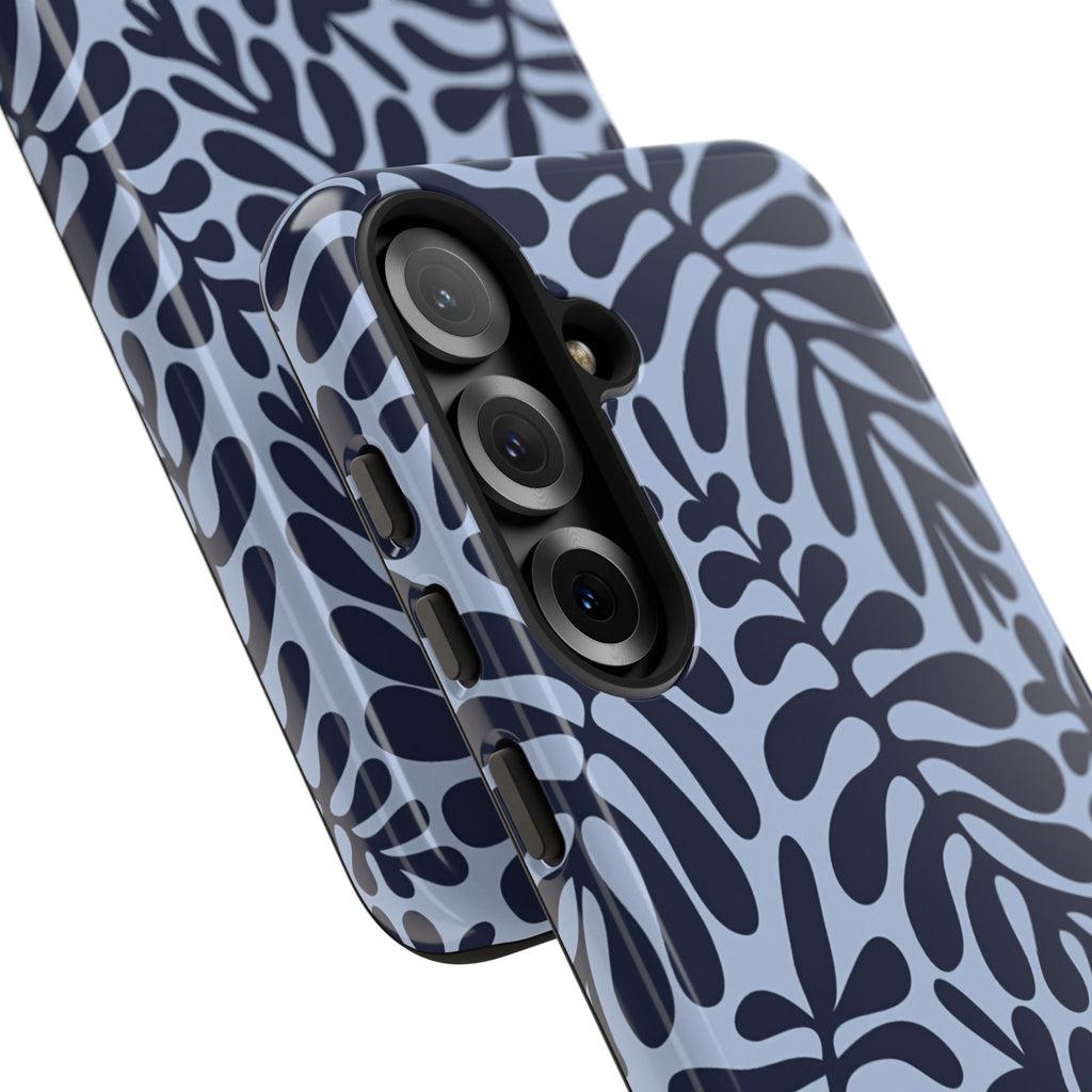 Floral Fern Tough Phone Case – Navy Blue on Light Blue, Protective Slim Cover