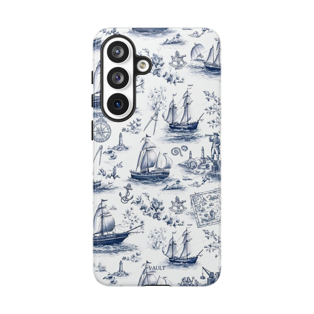 Nautical Vintage Ship Tough Phone Case — Blue Toile Sailboat Pattern