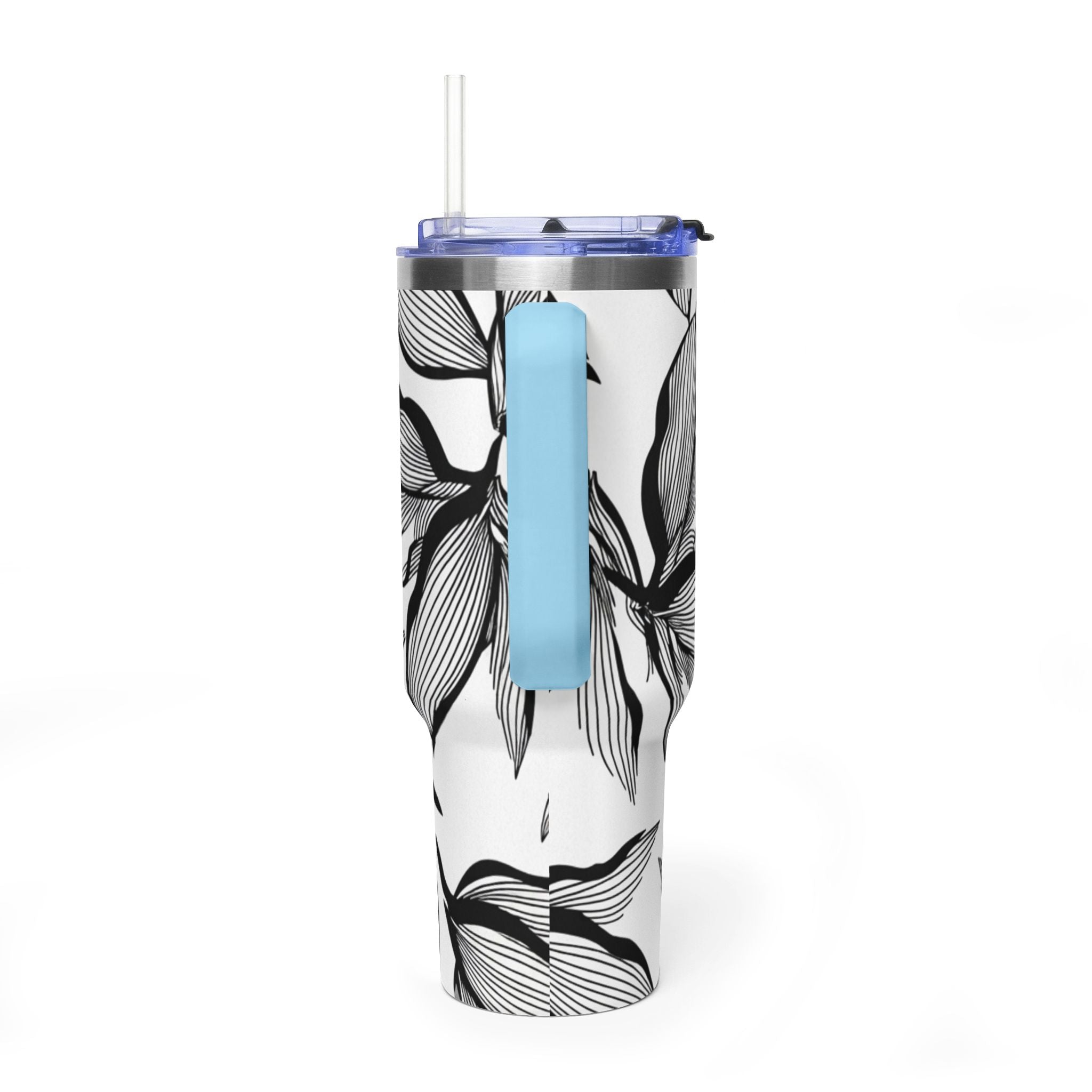 40oz Floral Thermal Tumbler – Black & White Leaf Pattern Vacuum Insulated