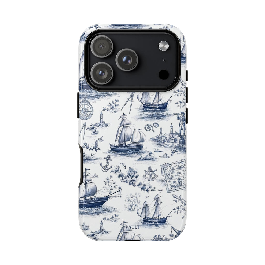 Nautical Vintage Ship Tough Phone Case — Blue Toile Sailboat Pattern