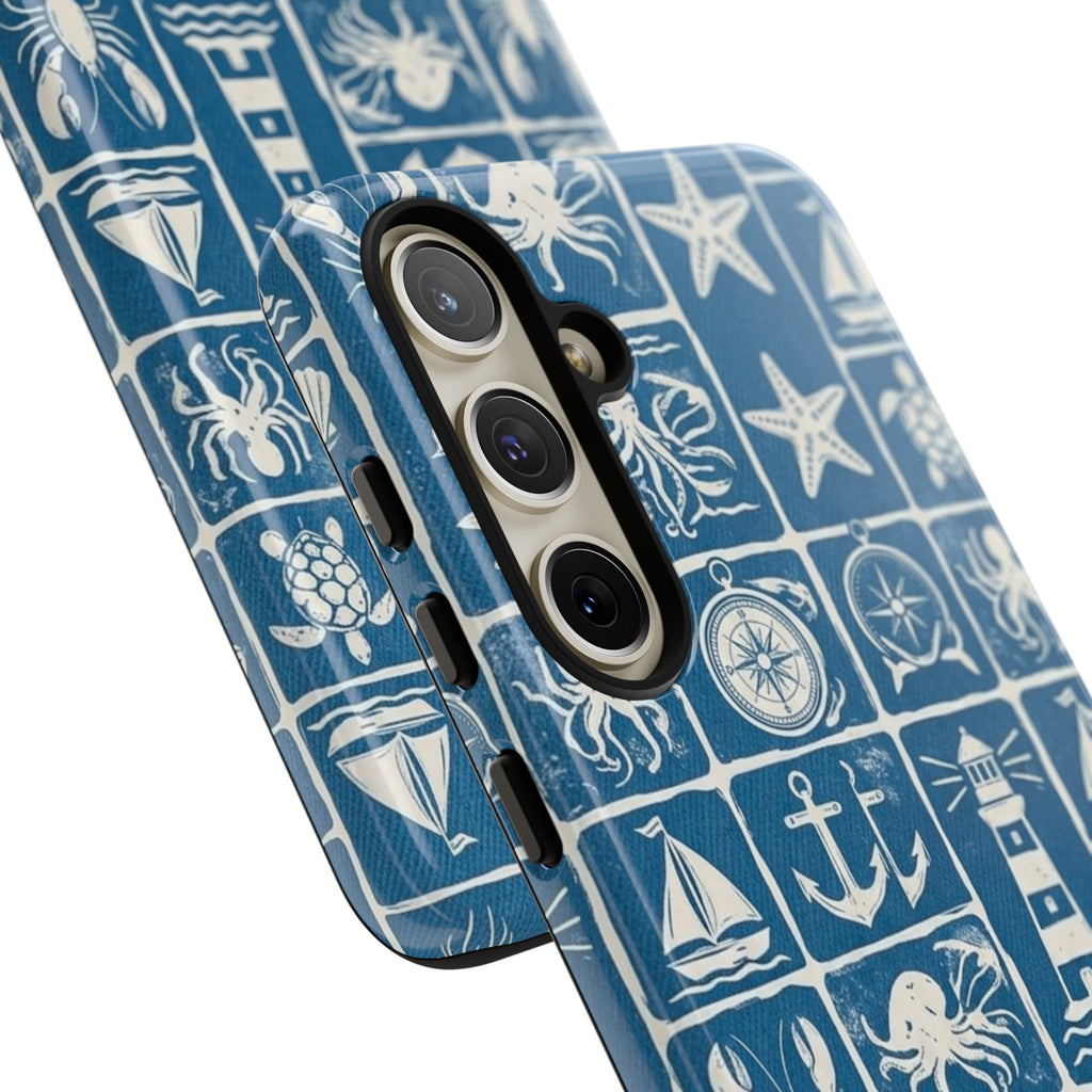 Nautical Tile Phone Case — Blue Coastal Icons (lighthouse, anchor, seashells)