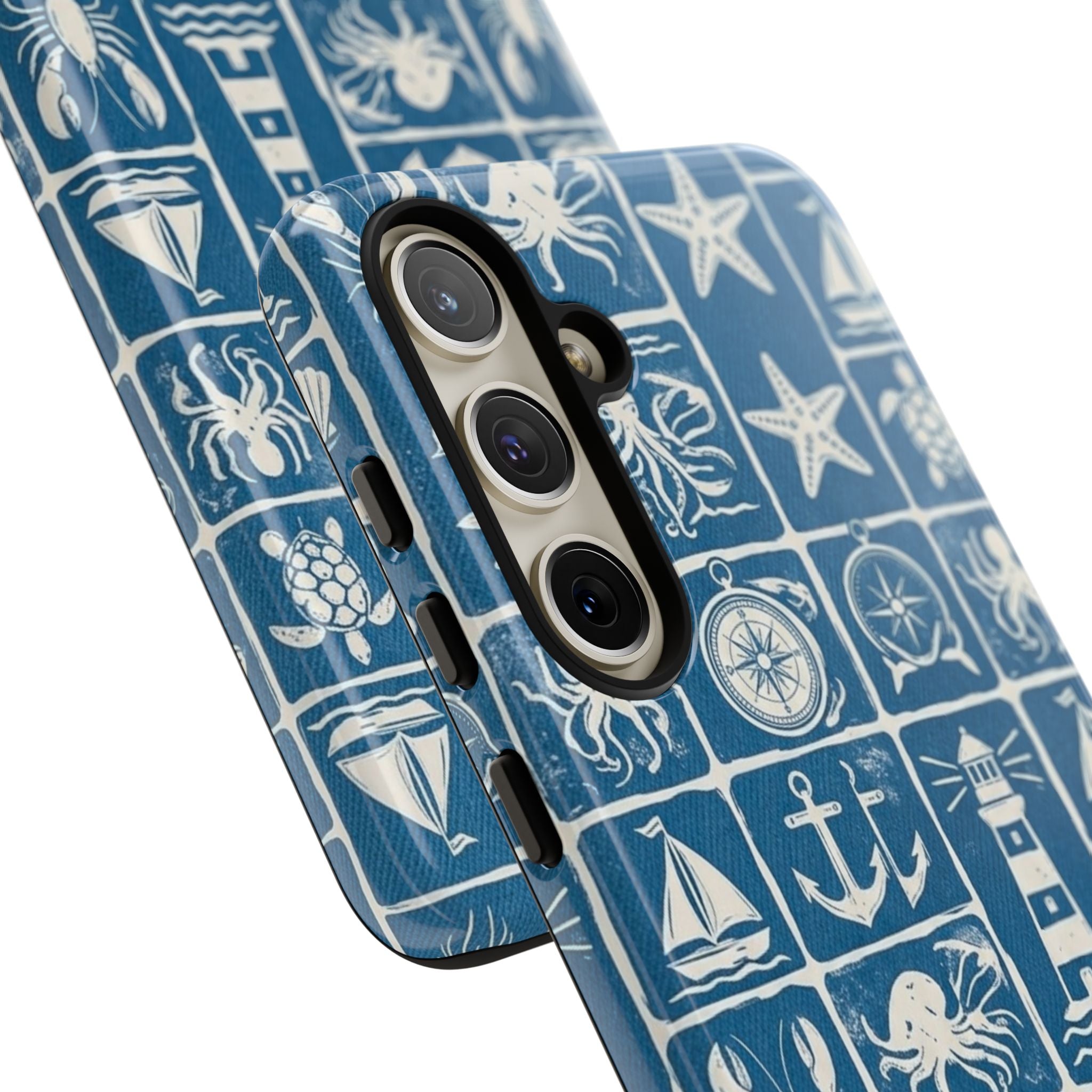 Nautical Tile Phone Case — Blue Coastal Icons (lighthouse, anchor, seashells)