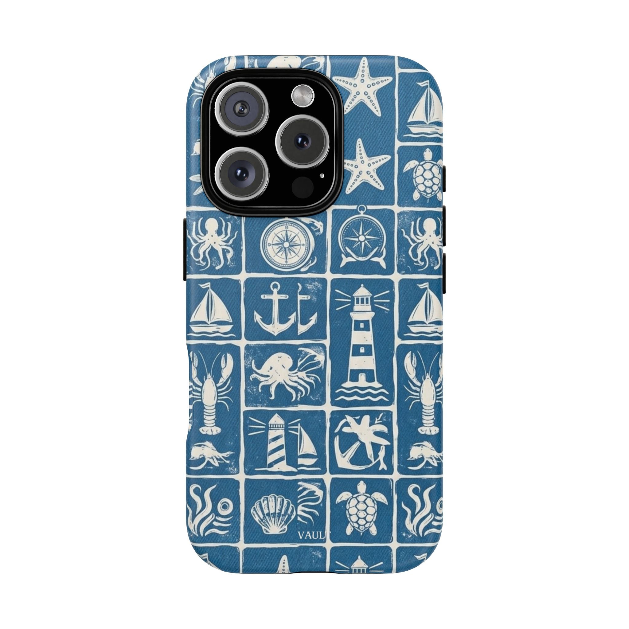 Nautical Tile Phone Case — Blue Coastal Icons (lighthouse, anchor, seashells)