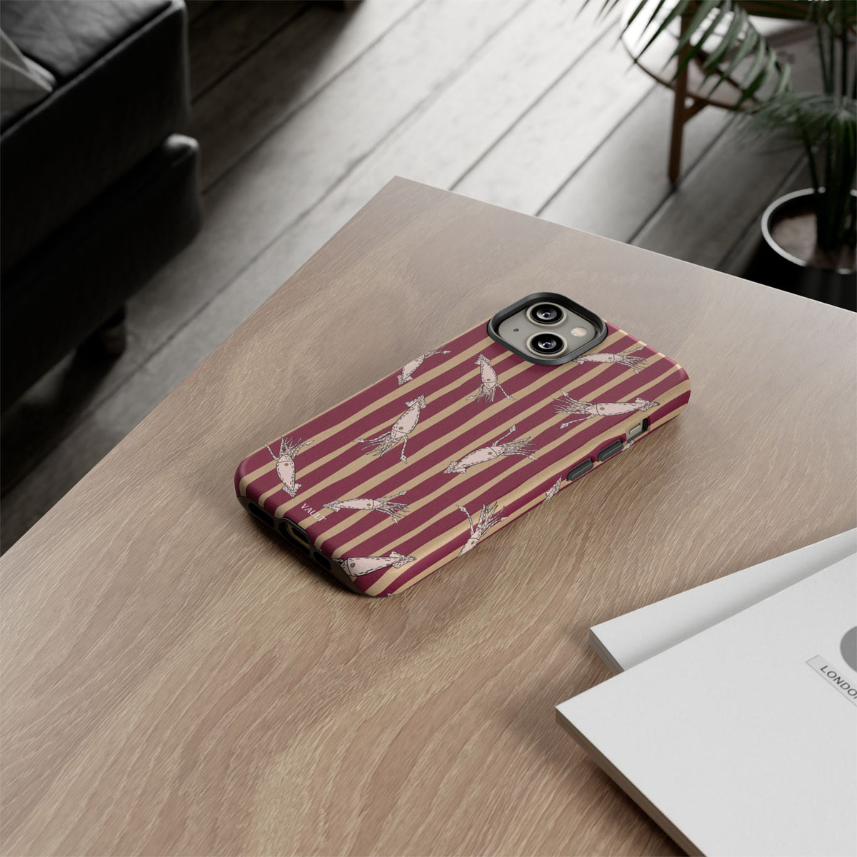Phone Case - Vintage Shrimp Pattern on Burgundy Stripes
