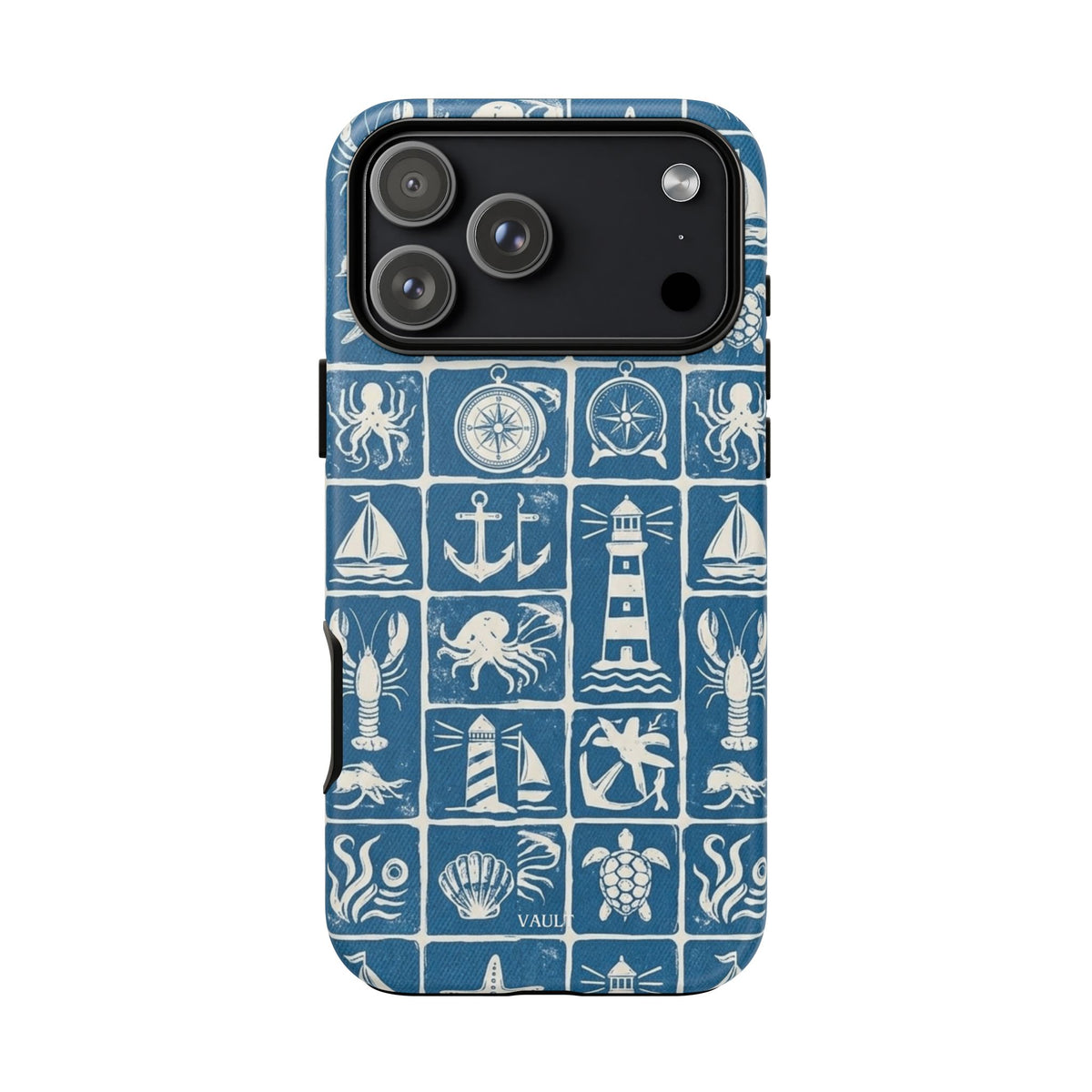 Nautical Tile Phone Case — Blue Coastal Icons (lighthouse, anchor, seashells)