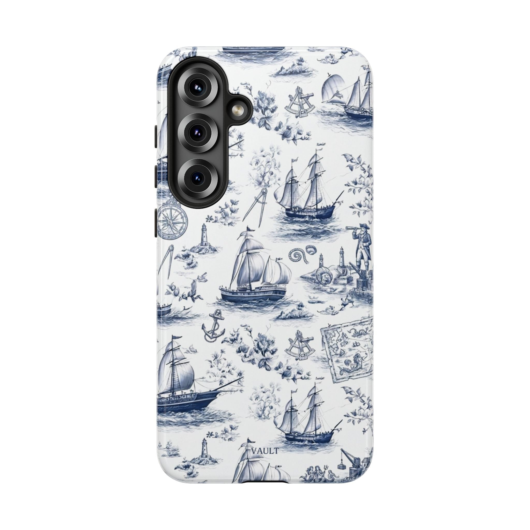 Nautical Vintage Ship Tough Phone Case — Blue Toile Sailboat Pattern