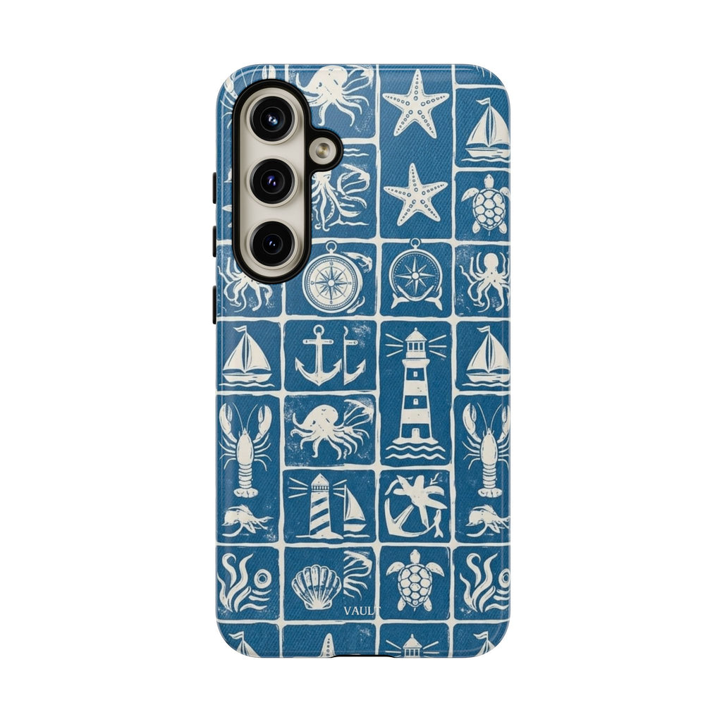 Nautical Tile Phone Case — Blue Coastal Icons (lighthouse, anchor, seashells)