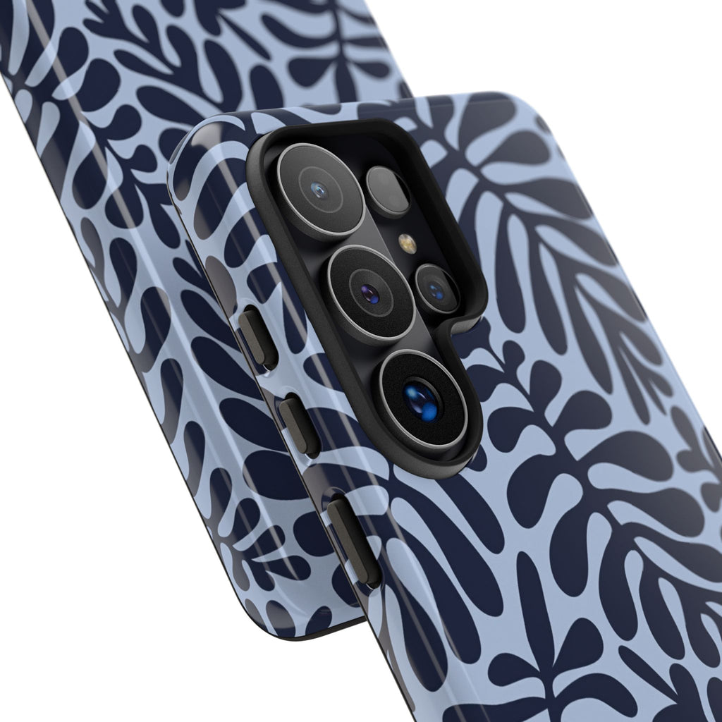 Floral Fern Tough Phone Case – Navy Blue on Light Blue, Protective Slim Cover