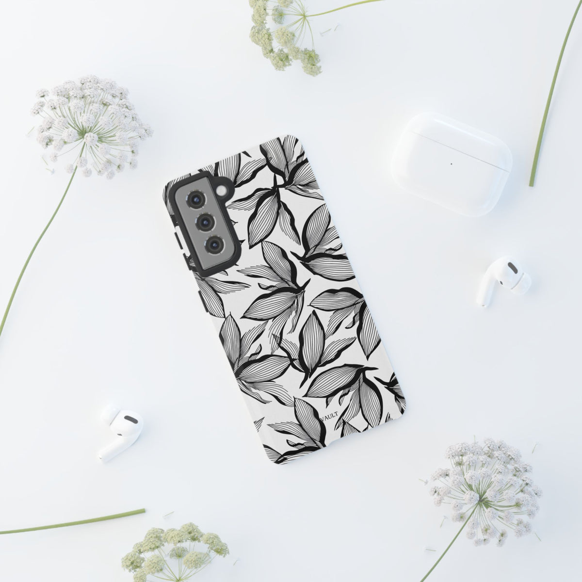 Floral Leaves Tough Phone Case – Black & White Botanical Protection