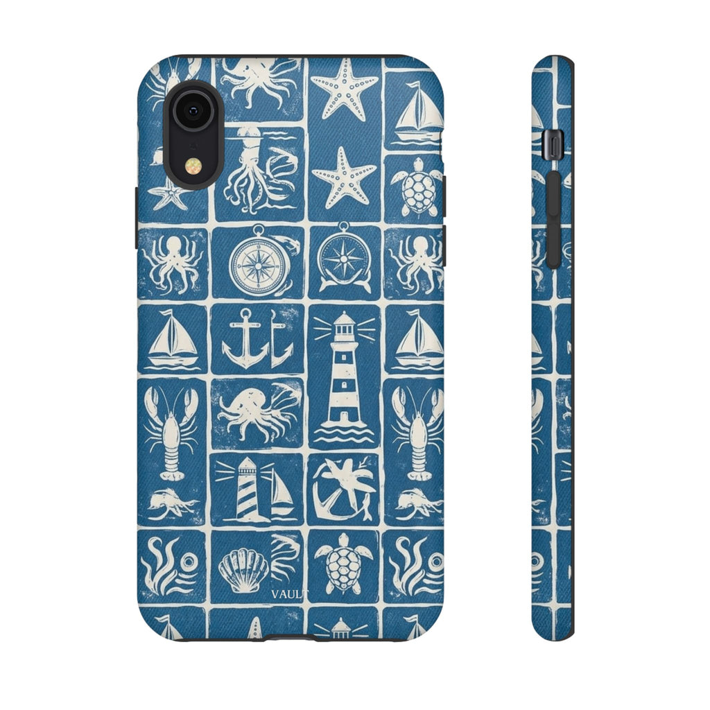 Nautical Tile Phone Case — Blue Coastal Icons (lighthouse, anchor, seashells)
