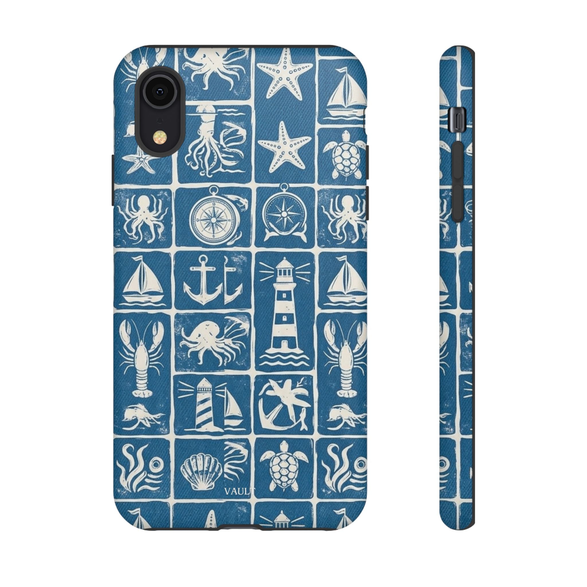 Nautical Tile Phone Case — Blue Coastal Icons (lighthouse, anchor, seashells)