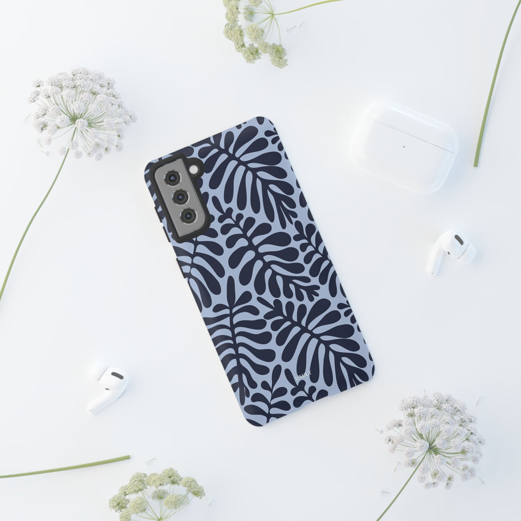 Floral Fern Tough Phone Case – Navy Blue on Light Blue, Protective Slim Cover