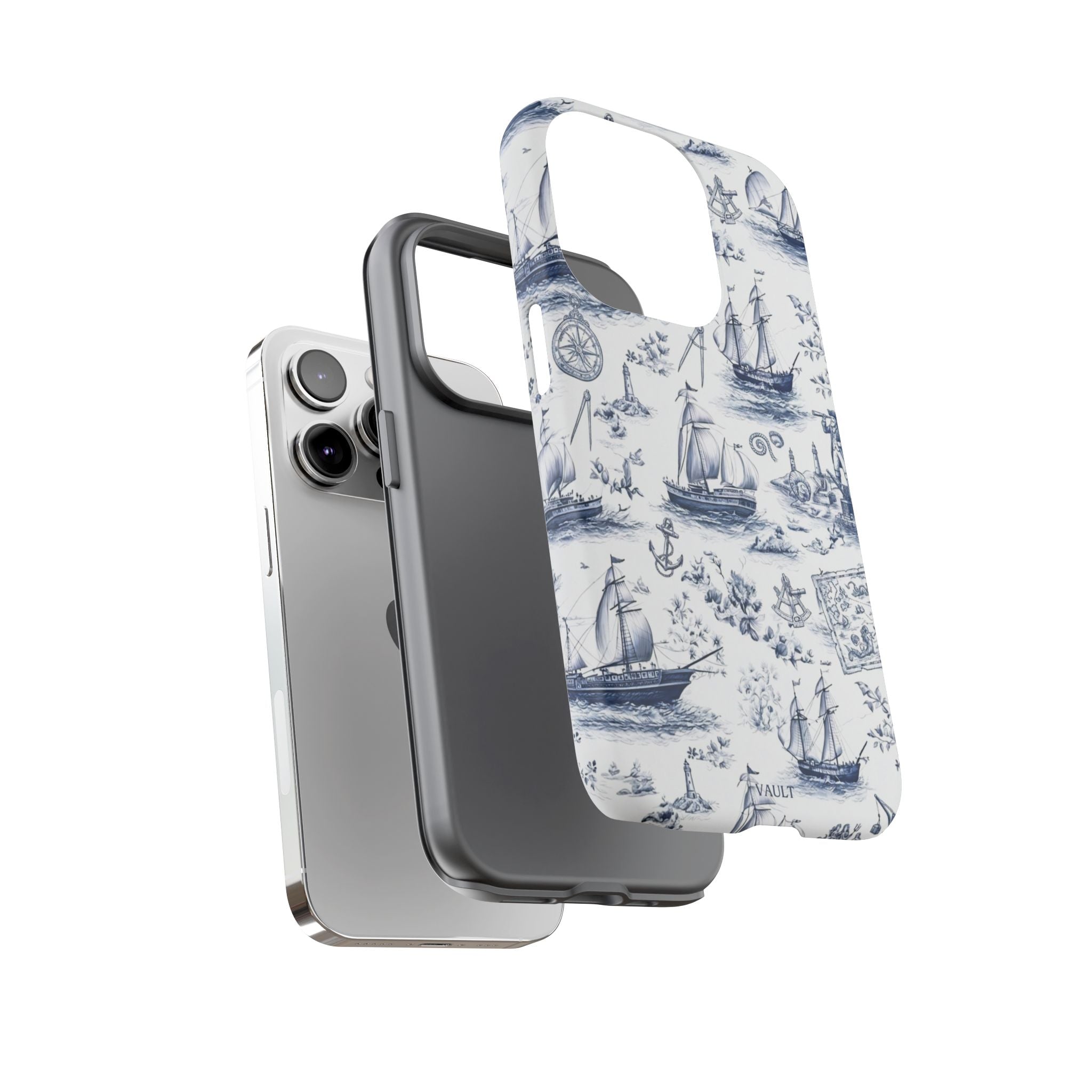 Nautical Vintage Ship Tough Phone Case — Blue Toile Sailboat Pattern