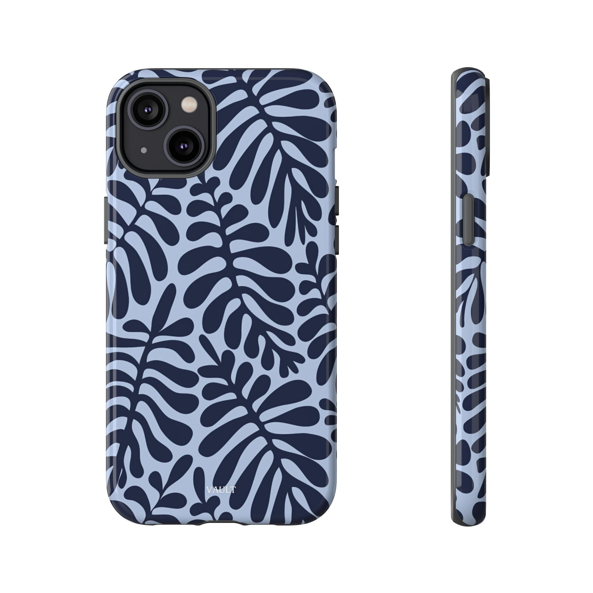 Floral Fern Tough Phone Case – Navy Blue on Light Blue, Protective Slim Cover