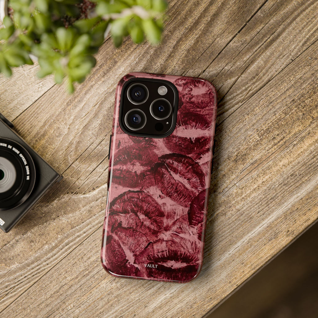 Kiss Print Phone Case – Burgundy Lip Pattern Protective Phone Cover