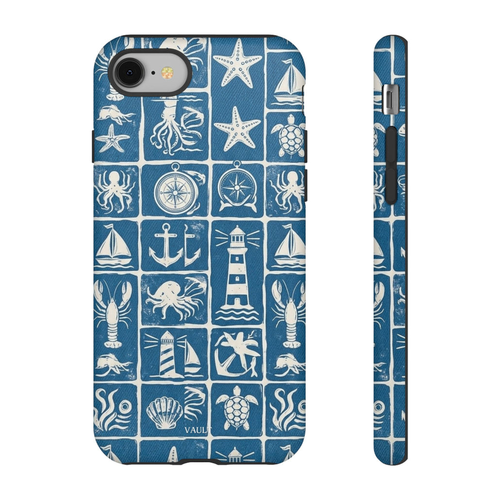 Nautical Tile Phone Case — Blue Coastal Icons (lighthouse, anchor, seashells)