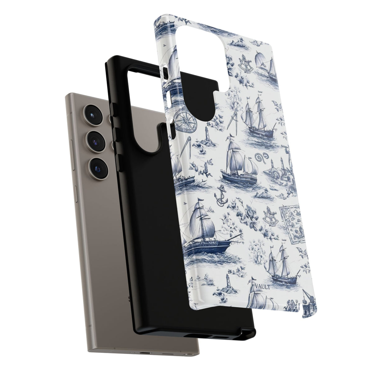 Nautical Vintage Ship Tough Phone Case — Blue Toile Sailboat Pattern