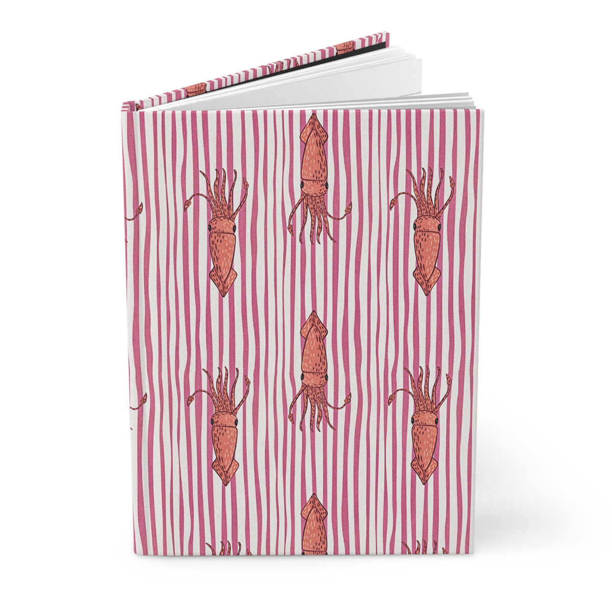 Squid Pattern Hardcover Journal — Pink Striped Nautical Notebook