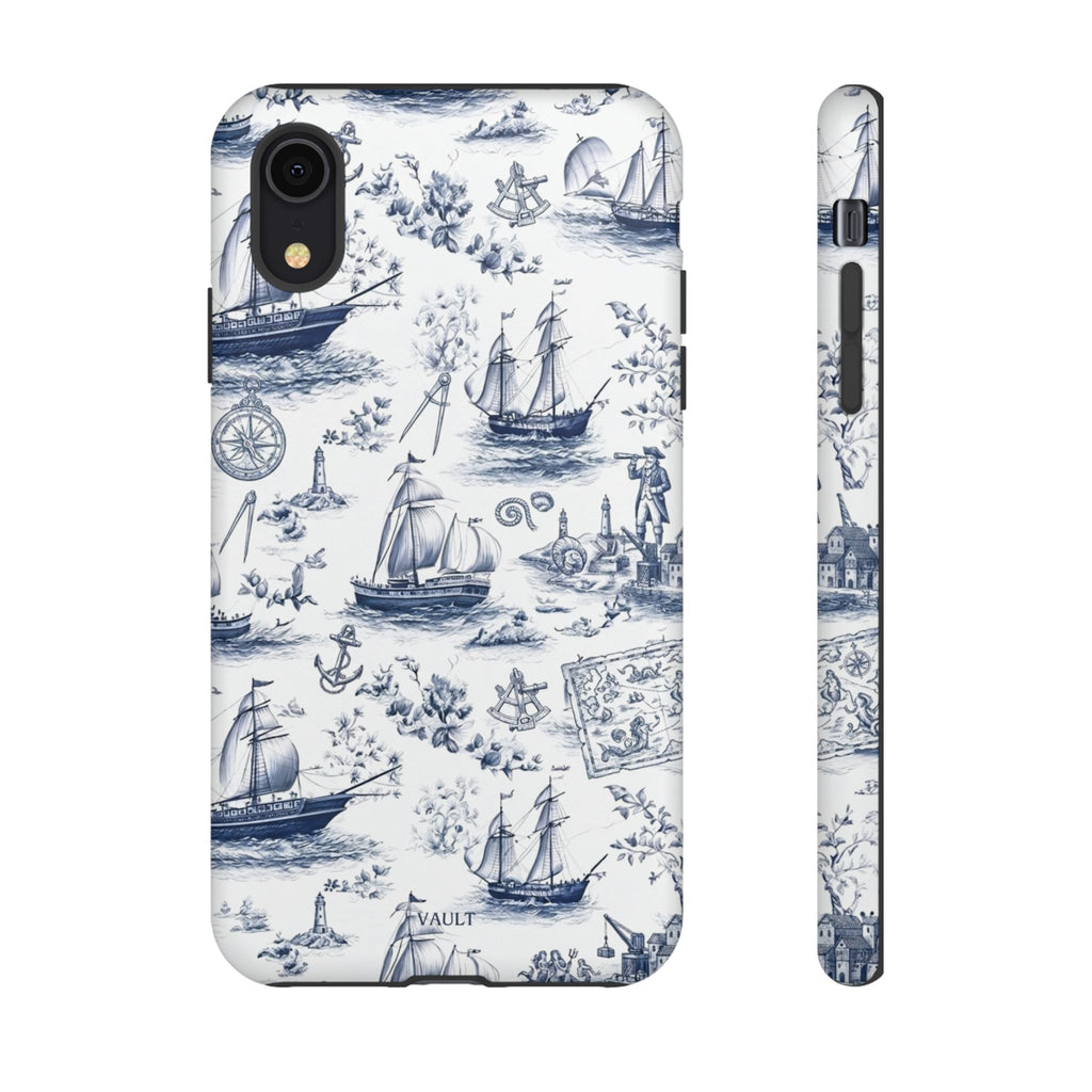 Nautical Vintage Ship Tough Phone Case — Blue Toile Sailboat Pattern