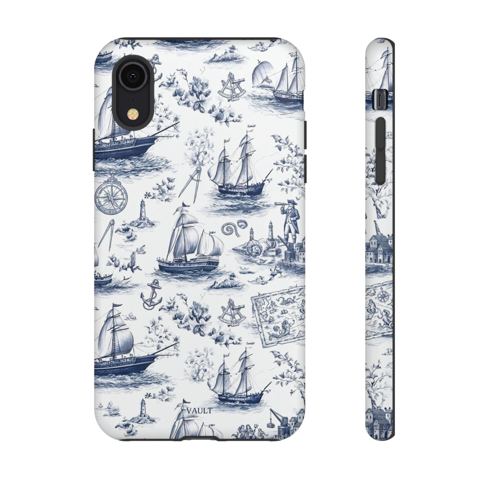 Nautical Vintage Ship Tough Phone Case — Blue Toile Sailboat Pattern