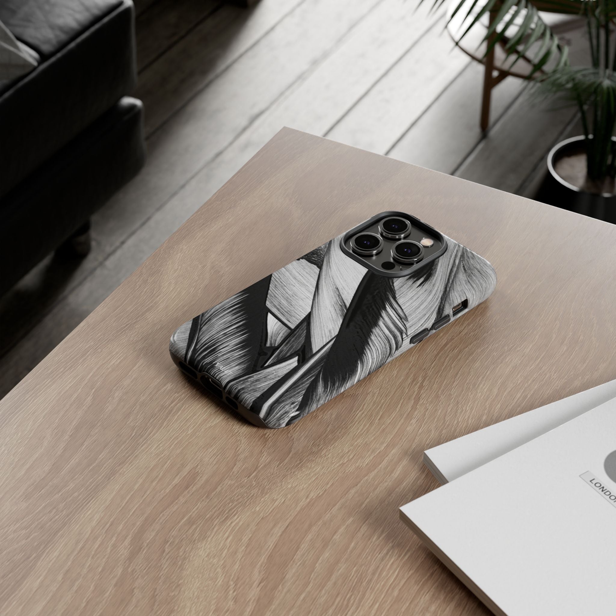 Monochrome Tropical Leaf Tough Phone Case — Black & White Botanical Protective Cover