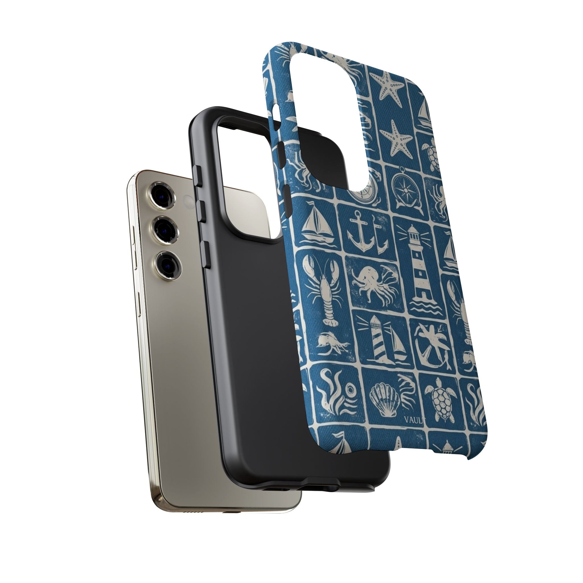 Nautical Tile Phone Case — Blue Coastal Icons (lighthouse, anchor, seashells)