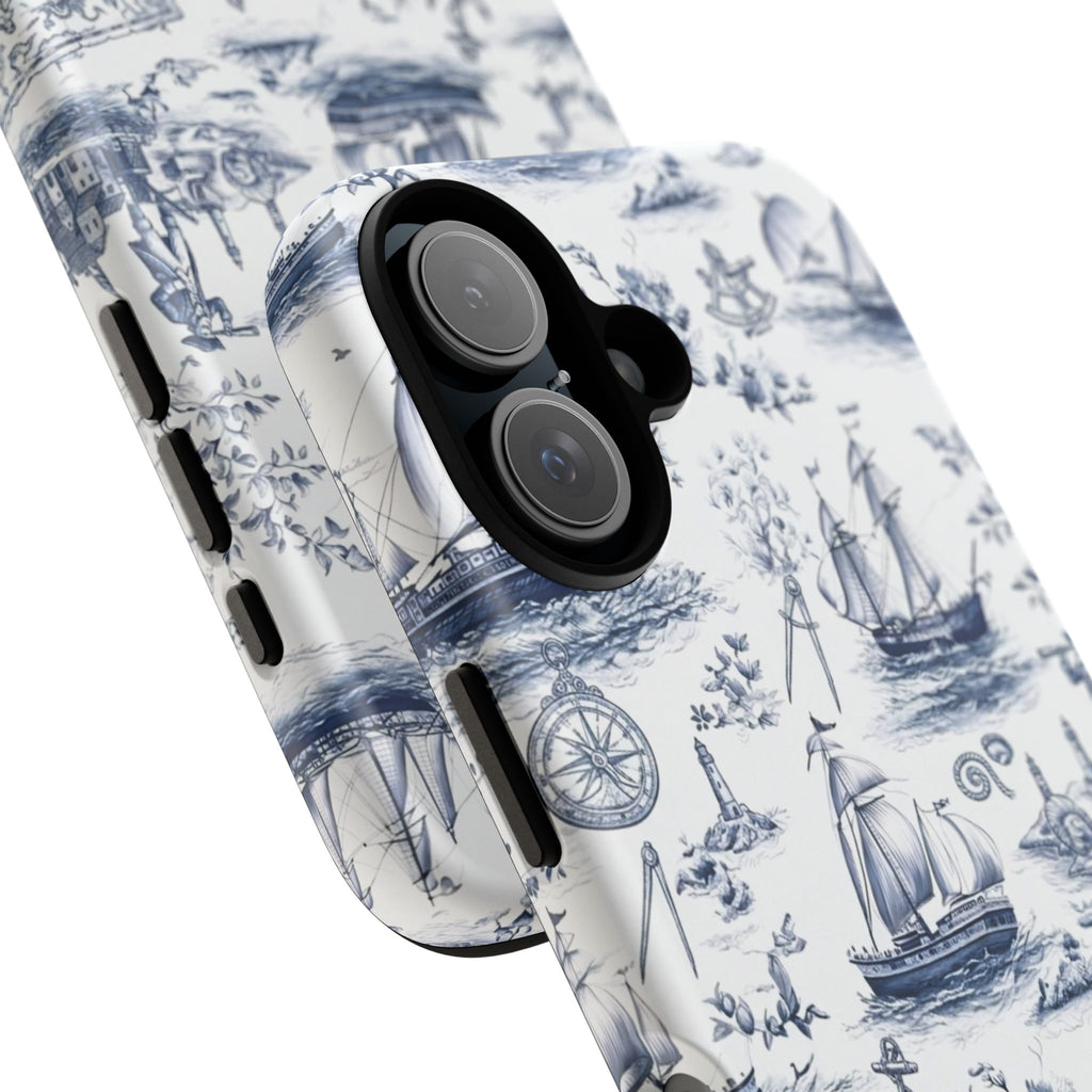 Nautical Vintage Ship Tough Phone Case — Blue Toile Sailboat Pattern