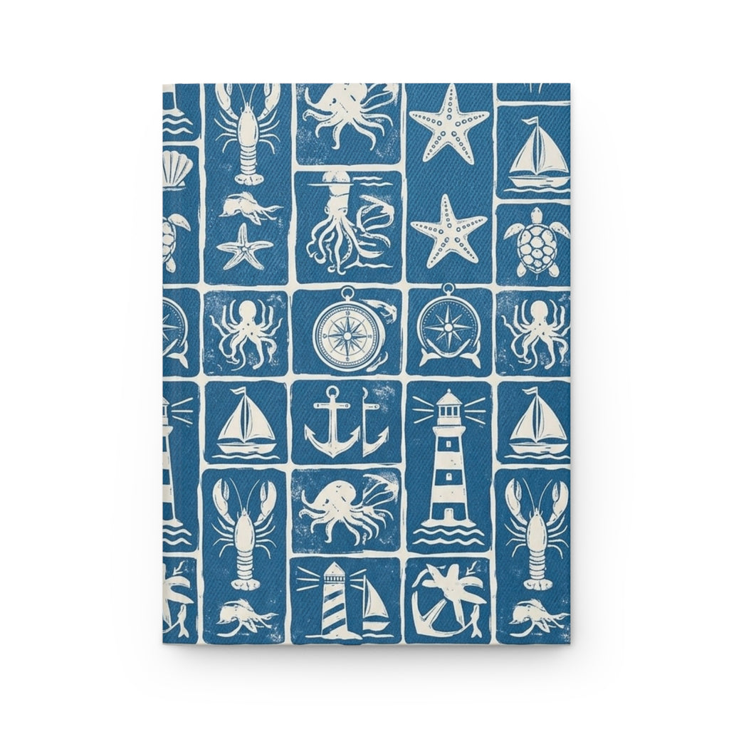 Nautical Icons Hardcover Journal — Compass, Lighthouse & Sea Life Pattern